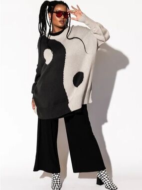 Dressed in LALA Yin Yang Gang Oversized Knit in Black and Gray - L/XL